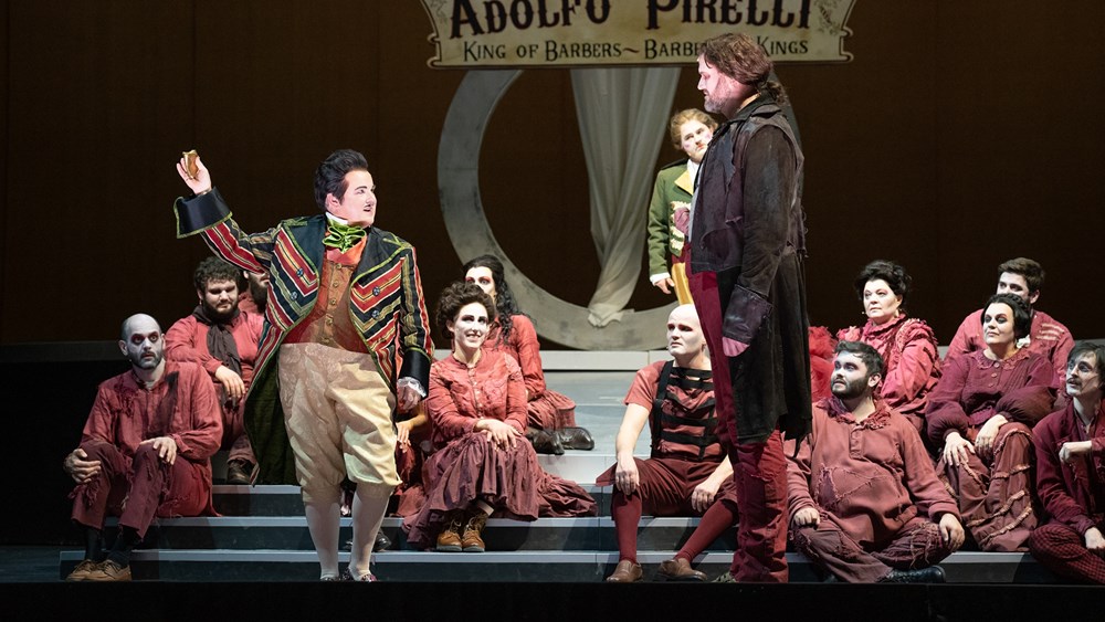 Barry Banks, Jason Ferrante, Zachary James, and the ensemble in Opera Omaha’s 2022 production of Sweeney Todd