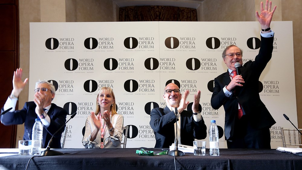 Ignacio García-Belenguer, general director of the Teatro Real; María Victoria Alcaraz, general director of the Teatro Colón; Marc A. Scorca; and Nicholas Payne