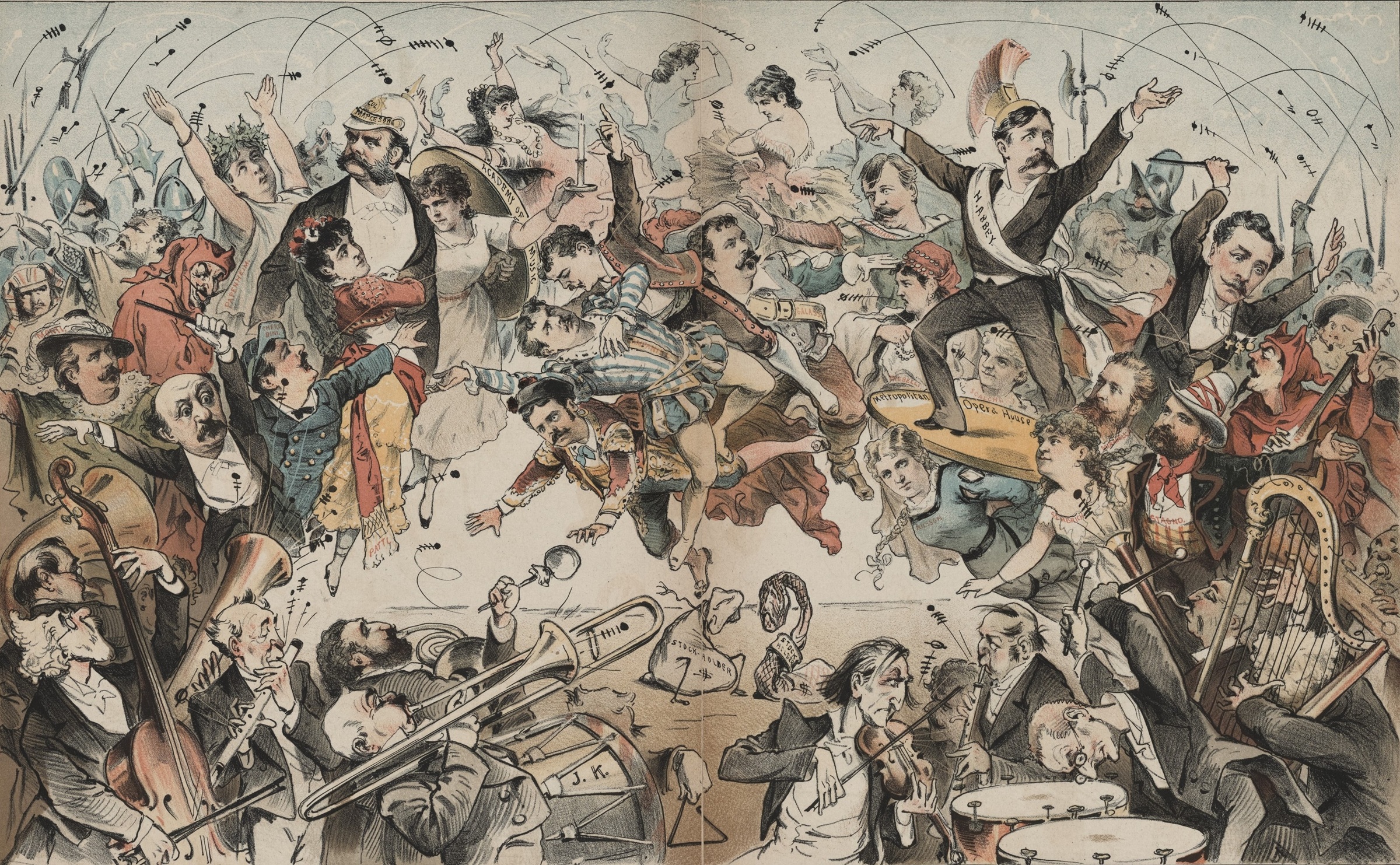 An 1883 illustration from the humor magazine Puck depicting “The Operatic War in New York” between the Academy of Music (at left) and the Metropolitan Opera (at right) (image: The New York Public Library)