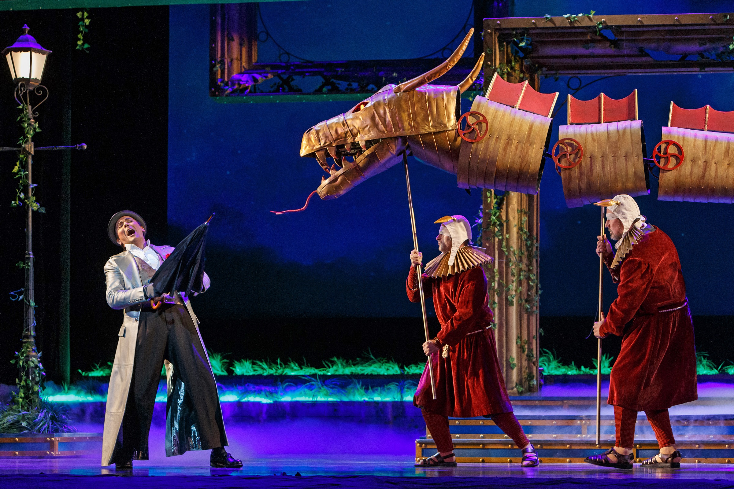 David Portillo in the role of Tamino and Tim Marquette and Rich Williams as choristers in Pittsburgh Opera's The Magic Flute