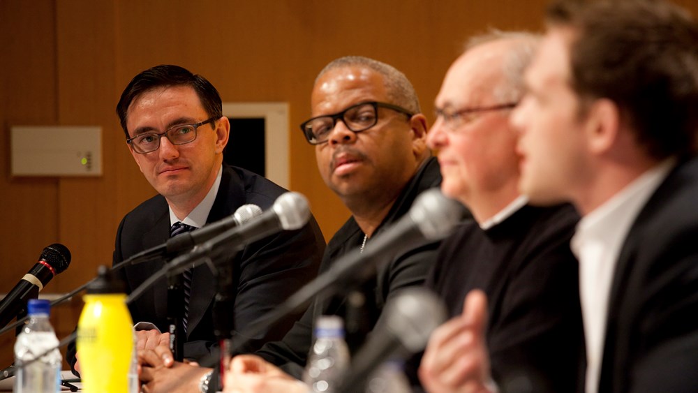 Timothy O’Leary (far left) and Terence Blanchard at a panel discussion for Blanchard and Michael Cristofer’s Champion