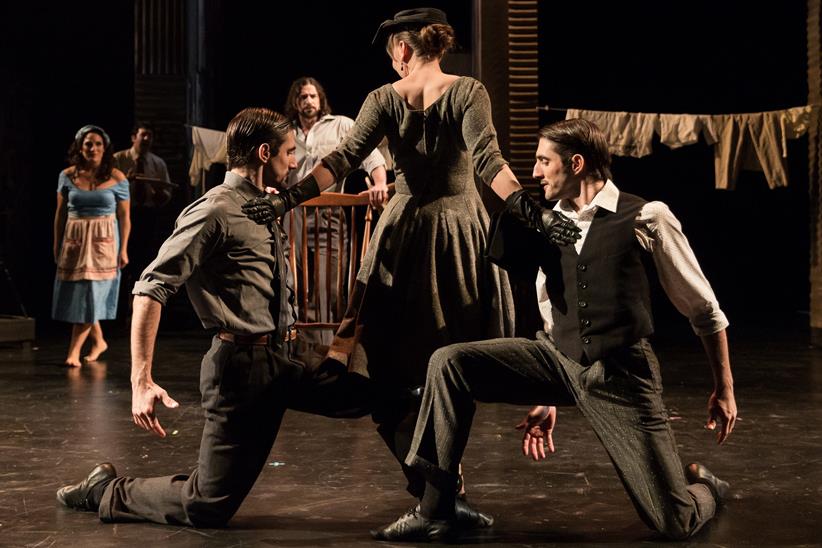 Dancer Laurence Gonzalez, mezzosoprano Laura Bueno, and dancer Lester Gonzalez in San Diego Opera’s 2018 production of the tango opera María de Buenos Aires
