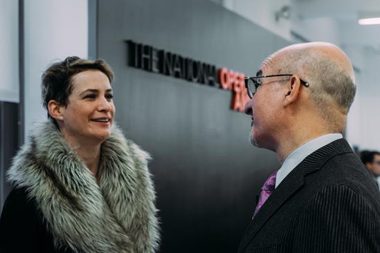 Stage director Alison Moritz speaks with OPERA America President/CEO Marc A. Scorca at an event benefitting the Women’s Opera Network.