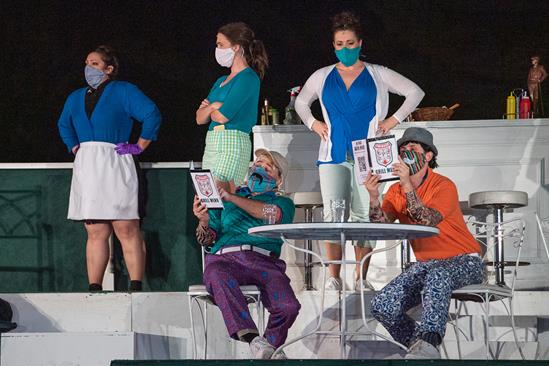Pacific Opera Project’s COVID fan tutte, with (clockwise from top left) Ariel Pisturino, Christina Pezzarossi, Jamie Chamberlin, Colin Ramsey, and Nathan Granner
