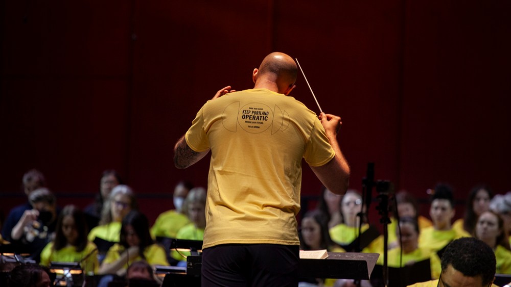Music Director Damien Geter conducts Portland Opera’s concert of Verdi’s Requiem in May 2026, when the company announced it had met its interim fundraising goal of $1.5 million (photo: Mikey Duran)