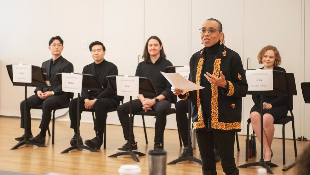 A Snowy Day workshop with librettist Andrea Davis Pinkney, foreground
