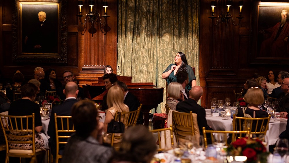 The Hall of Fame inductees will be celebrated at the OPERA America Salutes awards dinner. Pictured: Soprano Amanda Batista, a member of the Met's Lindemann Young Artist Development Program, performs at the 2022 awards dinner. (photo: Danny Bristoll)