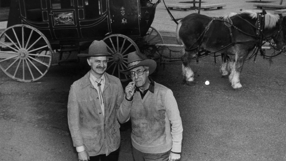 Karayanis (at right) promotes The Dallas Opera’s 1986 company premiere of La fanciulla del West