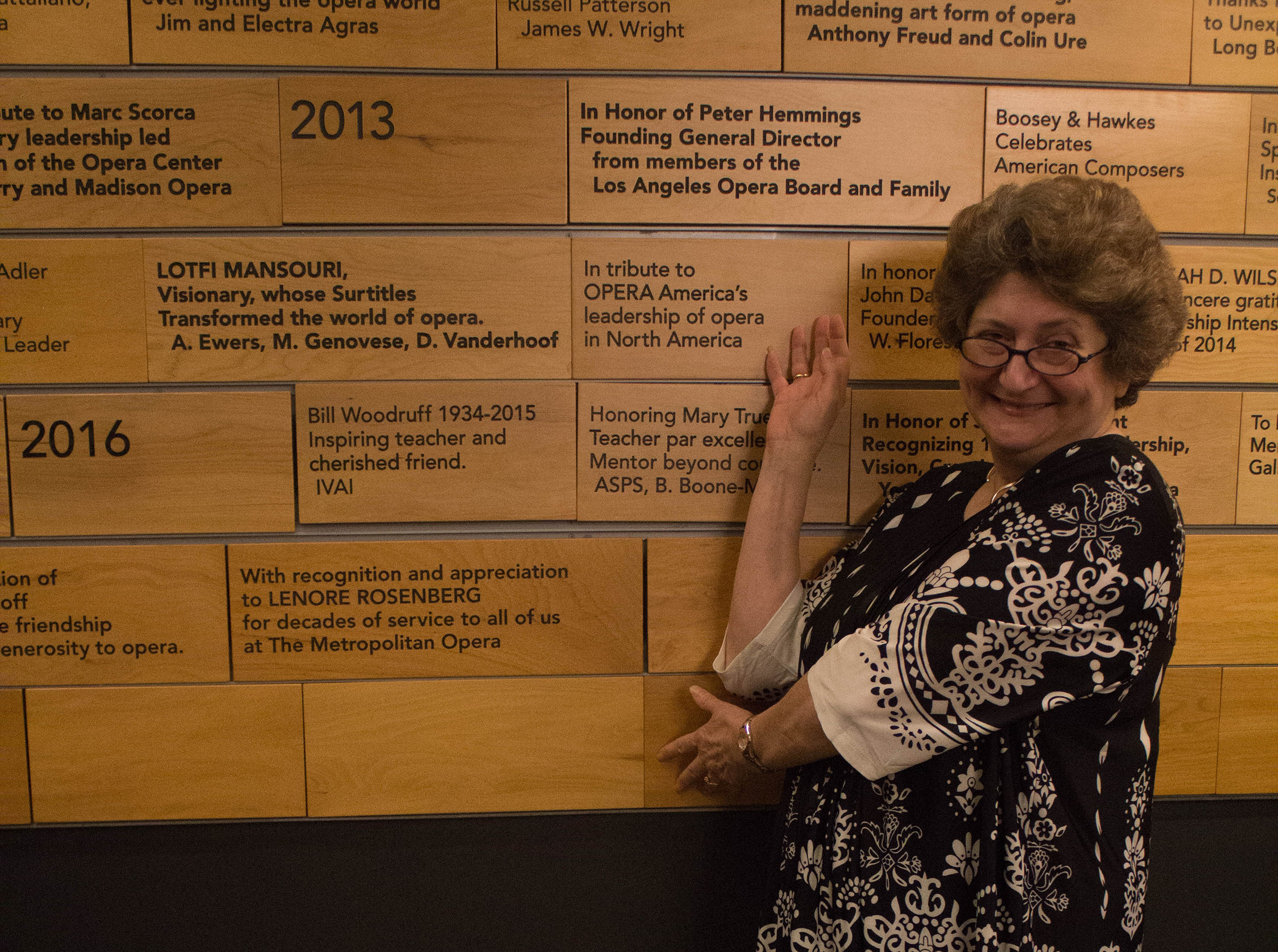 Lenore Rosenberg with her tribute panel in the National Opera Center’s Ovation Hall