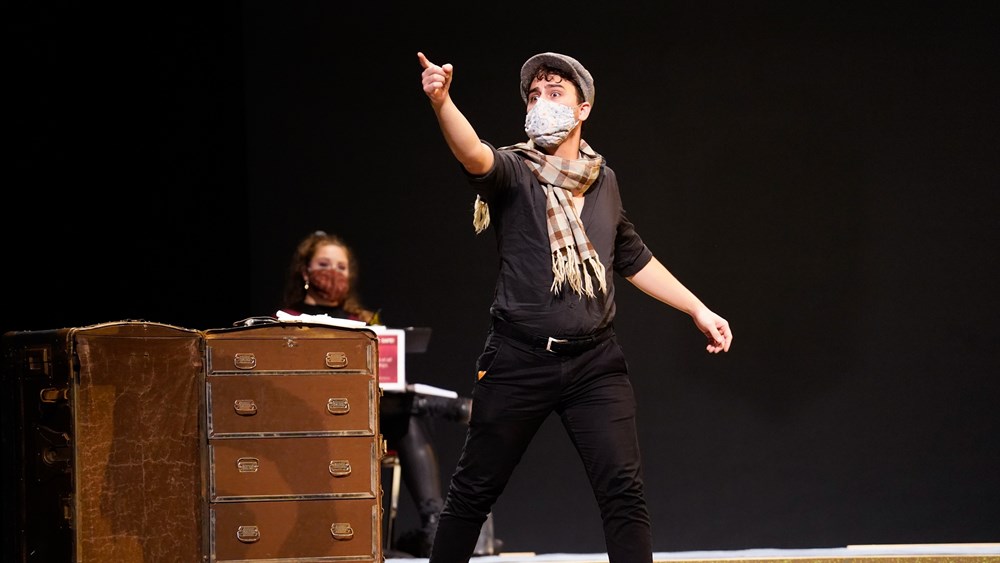 Ashlyn Brown as Berta and Solomon Reynolds as Count Almaviva in the Jacobs School of Music’s production of The Barber of Seville in November 2020