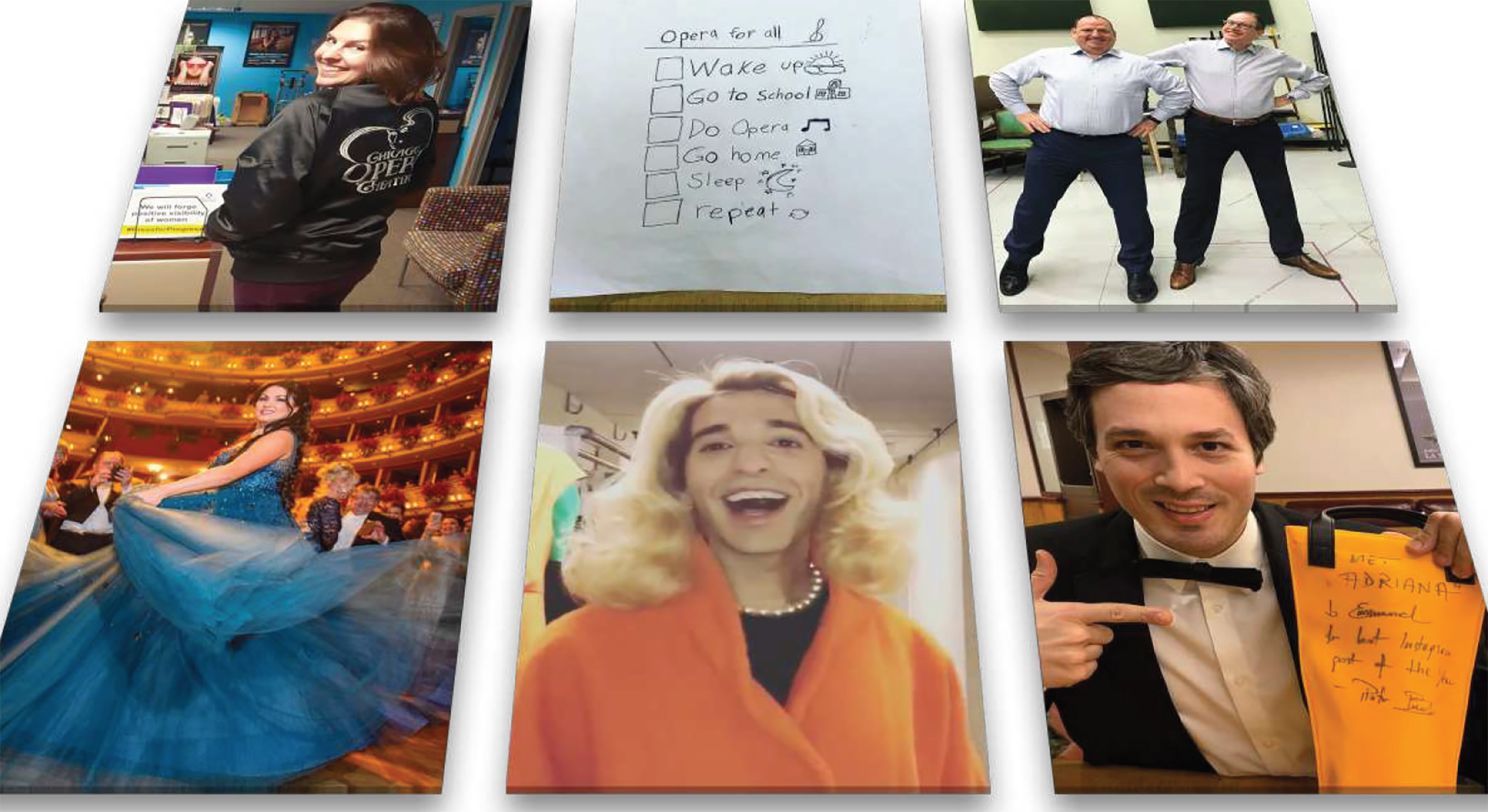 Clockwise from top left: Lidiya Yankovskaya, music director of Chicago Opera Theater (@chicagooperatheater); a drawing by a student in Chicago Opera Theater’s Opera for All program (@chicagooperatheater); Houston Grand Opera’s managing director, Perryn Leech, and chorus master, Richard Bado (@hougrandopera); Met harpist Emmanuel Ceysson (@emmanuel_ceysson); Anthony Roth Costanzo hosts the Met’s live broadcast of Marnie (@arcostanzo); Anna Netrebko in Vienna (@anna_netrebko_yusi_tiago).