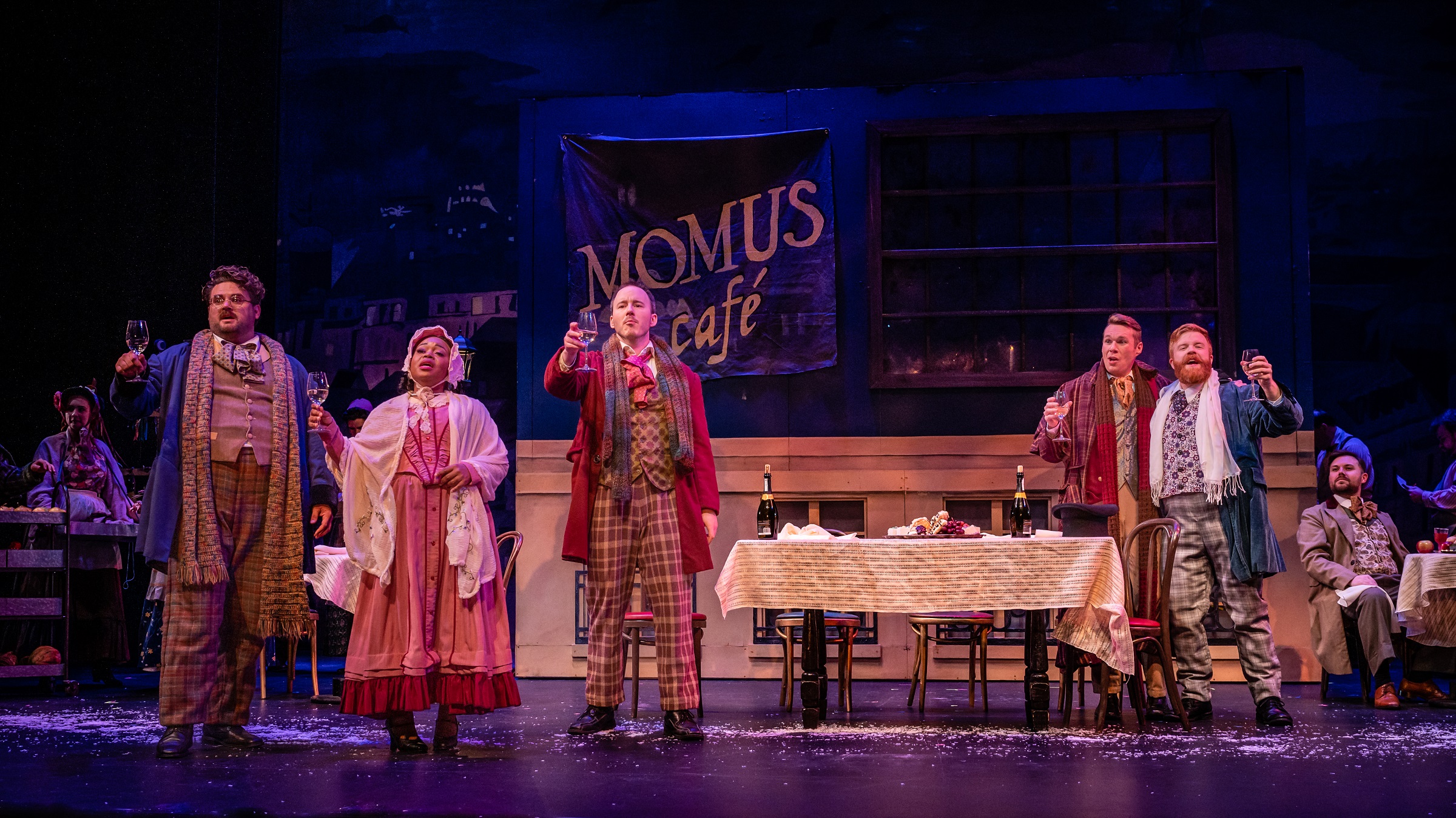 Opera Birmingham’s 2022 La bohème, with Dane Suarez, NaGuanda Nobles, Alex DeSocio, Alan Higgs, and Nicholas Ward (photo: Stewart Edmonds)