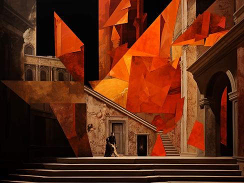 Scenic designer Jefferson Ridenour used AI to help sketch his and director Kristen Barrett’s initial concept for his 2023 Rigoletto production design at Opera Delaware before rendering the finished designs himself.