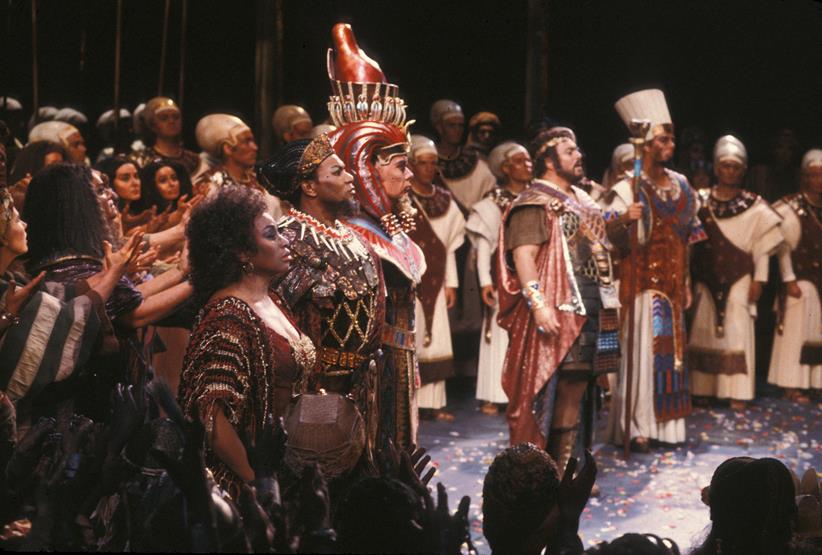 Leontyne Price and Simon Estes (at left) in Aida at San Francisco Opera in 1981, along with Kevin Langan, Luciano Pavarotti, and Ferruccio Furlanetto