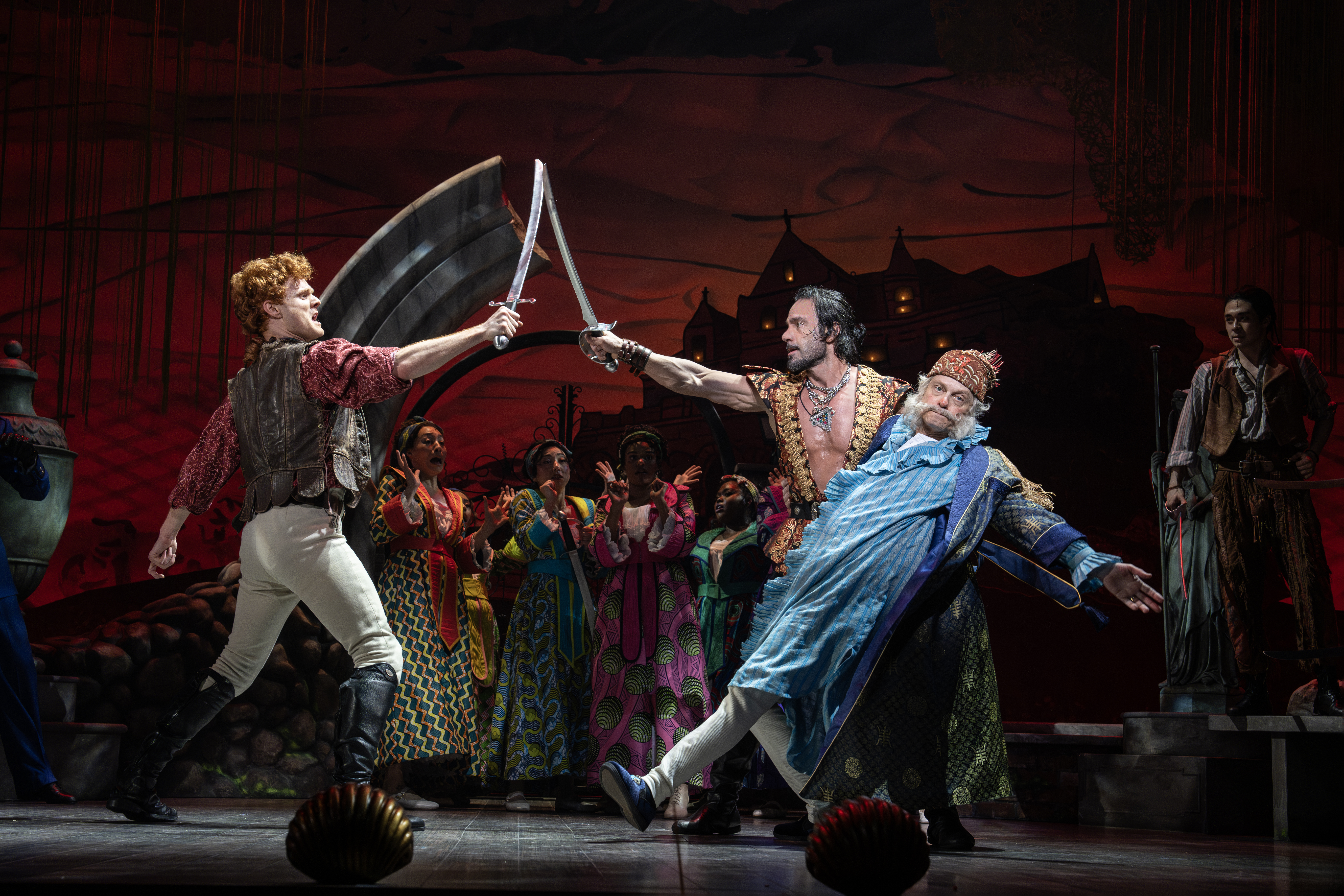 Nicholas Barasch, Ramin Karimloo, and David Hyde Pierce in Pirates! The Penzance Musical at Roundabout Theatre Company (photo: Joan Marcus)