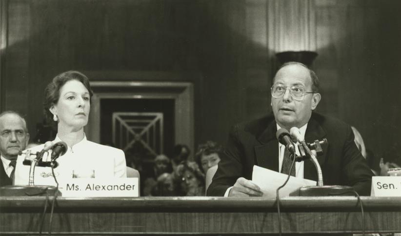 New York Senator Alfonse D’Amato confronts NEA chairman Jane Alexander at a Congressional hearing.