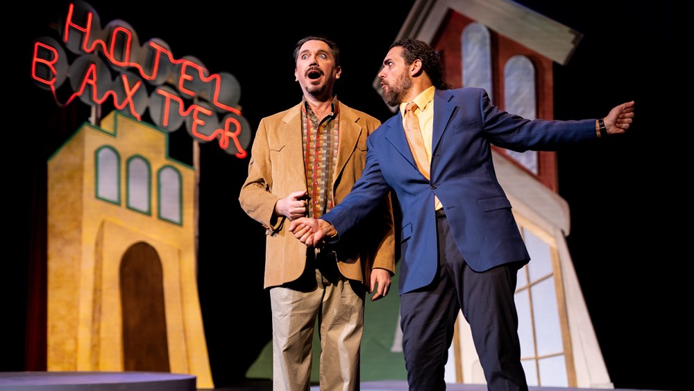 Daniel Klein as Colton (Ko-Ko) and Joshua Jeremiah as Mr. Meriwether (Pooh-Bah) in Intermountain Opera Bozeman's The Montana Mikado