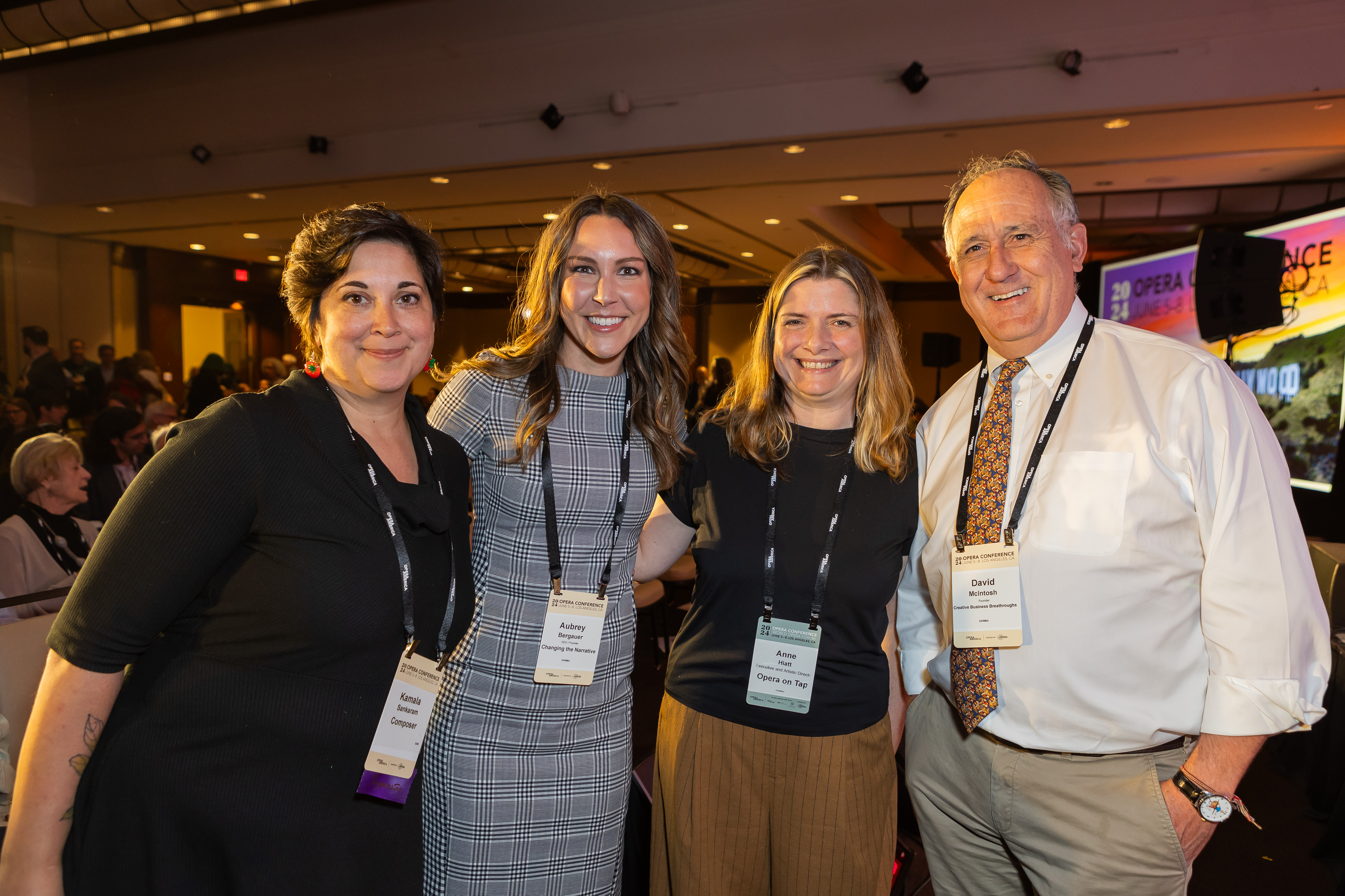 Conference panelists socialize during conference breaks. Pictured (from left): Kamala Sankaram, Aubrey Bergauer, Anne Hiatt, and David McIntosh. (photo: Jc Olivera Photography)