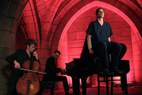 Cellist Joshua Roman, composer/pianist Gregg Kallor and mezzo-soprano Elizabeth Pojanowski in On Site Opera’s The Tell-Tale Heart