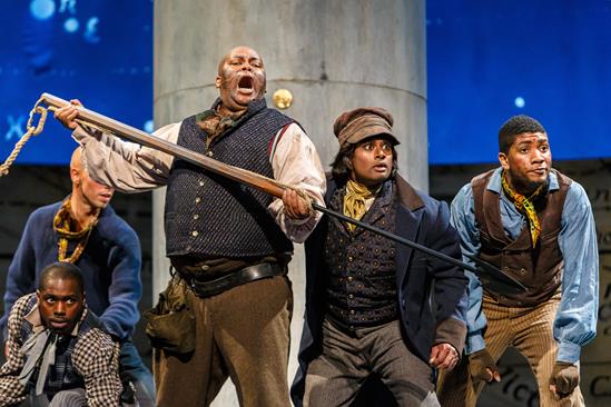 Musa Ngqungwana and Sean Panikkar (at center) in Moby-Dick, by Jake Heggie and Gene Scheer, at Pittsburgh Opera