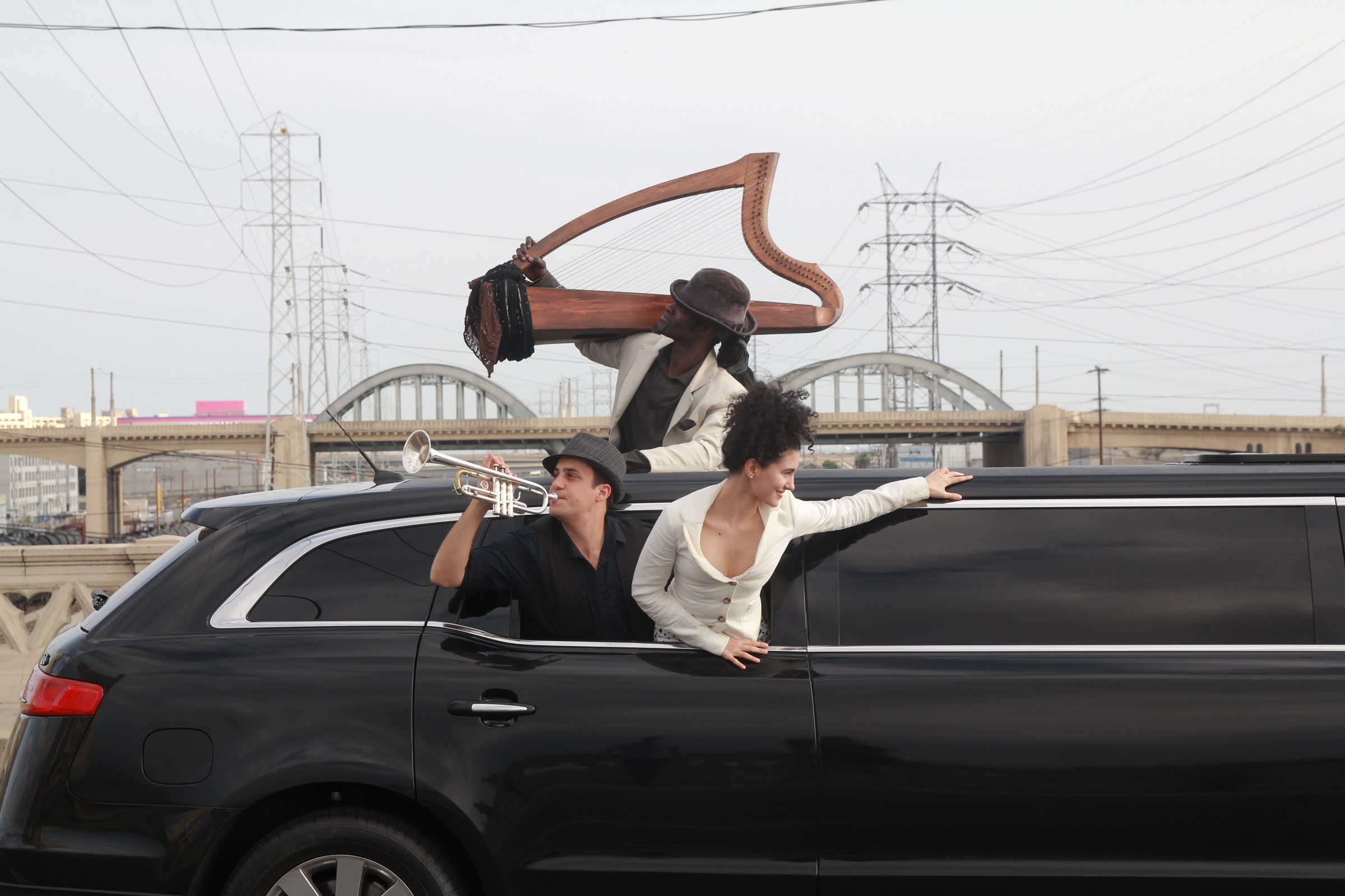 In 2015, The Industry presented Hopscotch in 24 cars that zigzagged across Los Angeles. Pictured: Jonah Levy, Phillip King, and Delaram Kamareh (photo: Dana Ross)