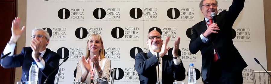 The 2018 World Opera Forum in Madrid, with Ignacio García-Belenguer, general director of the Teatro Real; María Victoria Alcaraz, general director of the Teatro Colón; Marc A. Scorca, president/CEO of OPERA America (photo: Teatro Real)