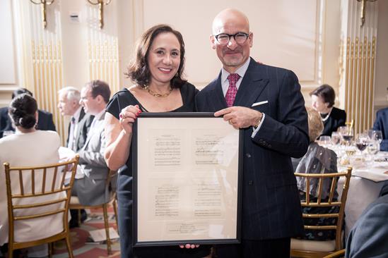Marc A. Scorca presents sheet music from Fierce Grace: Jeannette Rankin to Rena De Sisto of Bank of America