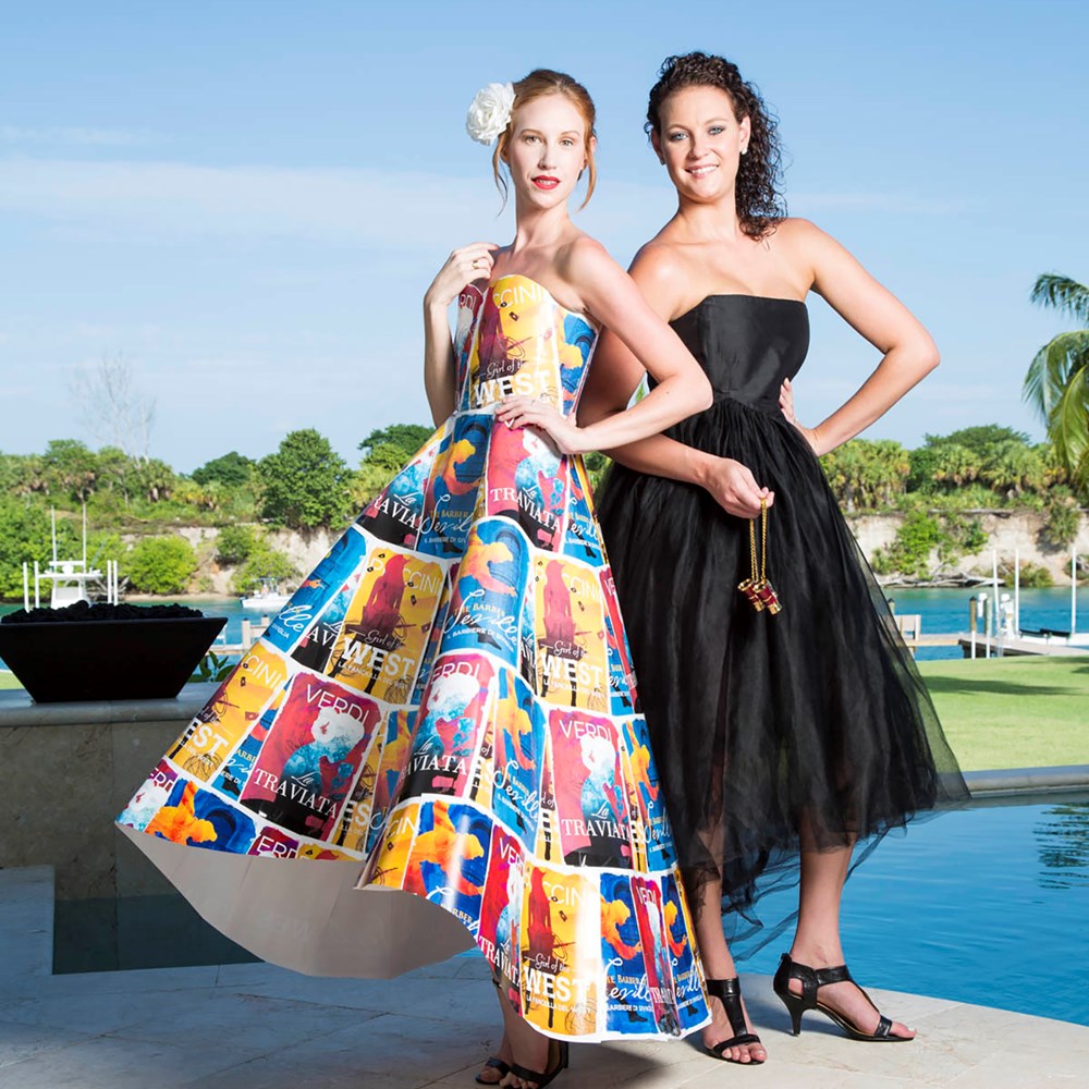 Megan Miller (at right) with Opera Carolina’s 2016–2017 season dress, designed by Kristen Alyce and modeled by Courtney Quinn