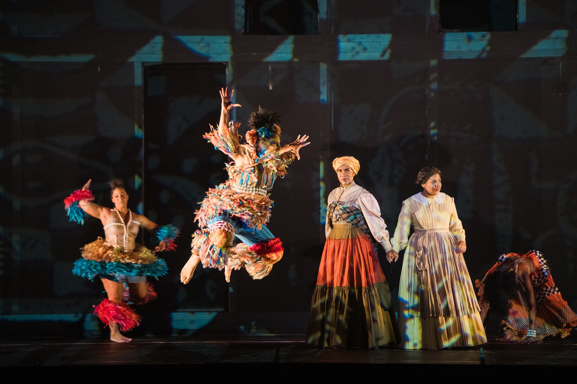 The 2023 world premiere of Jake Heggie and Gene Scheer’s Intelligence at Houston Grand Opera, with J’Nai Bridges, Janai Brugger, and dancers of Urban Bush Women (photo: Michael Bishop)