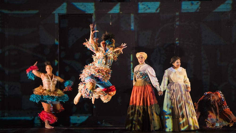 The 2023 world premiere of Jake Heggie and Gene Scheer’s Intelligence at Houston Grand Opera, with J’Nai Bridges, Janai Brugger, and dancers of Urban Bush Women (photo: Michael Bishop)