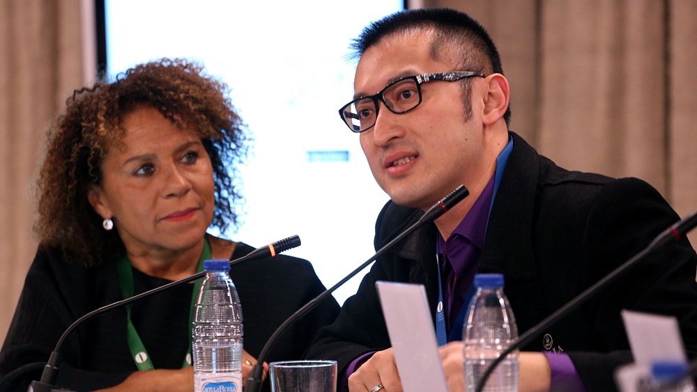 Chi-chi Nwanoku, founder of the Chineke! Orchestra, and composer Huang Ruo at the 2018 World Opera Forum (photo: Teatro Real)