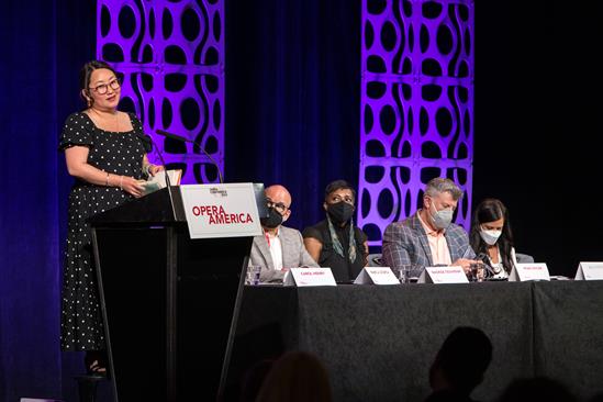 Keynote Speaker Kao Kalia Yang speaks at Opera Conference 2022 in Minneapolis, MN (photo: Dan Norman)