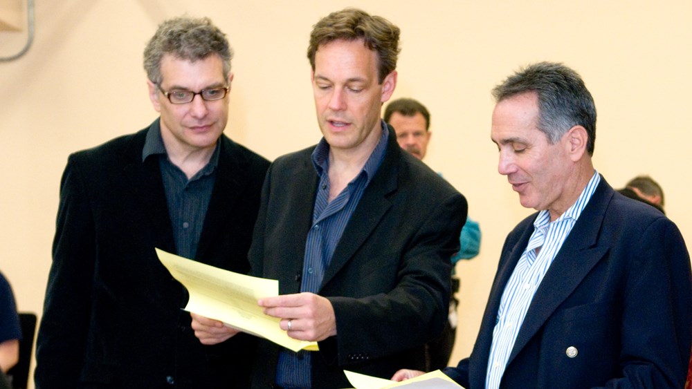 Gene Scheer, Jake Heggie, and Jonathan Pell at a 2010 workshop for Moby-Dick at The Dallas Opera (photo: Karen Almond)